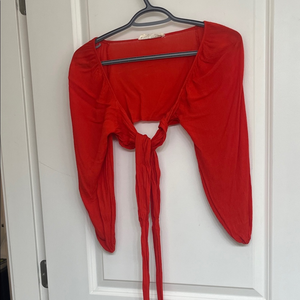 Audrey Bold Red Crop Tie-Front Blouse